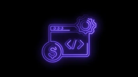 Glowing neon purple code symbols and dollar coin on a dark background Stock Footage 330872687