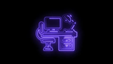 Glowing neon purple desk with computer chair and lamp icon animation on bla.. Stock Footage 346830304