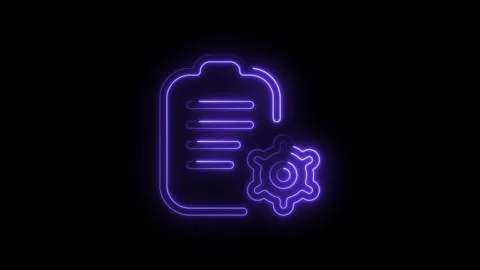Glowing neon purple document icon with gear symbol isolated on black backgr.. Stock Footage 314550664