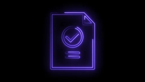 Glowing neon purple document icon with checkmark symbol and abstract lines .. Stock Footage 314573913