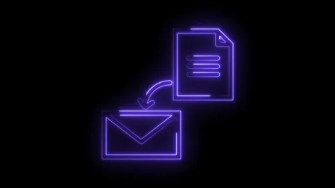 Glowing neon purple document icon transferring to envelope symbol on transp.. Stock Footage 314573973