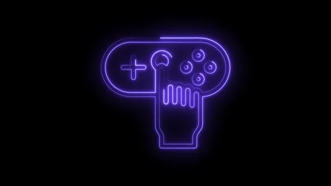 Glowing neon purple gaming controller icon with finger pressing button on b.. Stock Footage 315497710