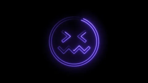Glowing neon purple grumpy emoticon animation on black background looping g.. Stock Footage 314542749