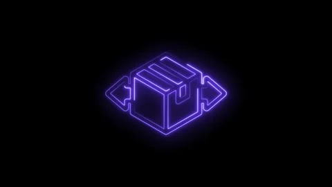 Glowing Neon Purple Isometric Cube Box Icon with Arrows on Black Background Stock Footage 333964252