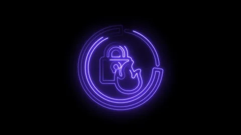 Glowing Neon Purple Lock Icon with Fire Element on Black Background Abstract Stock Footage 333961382