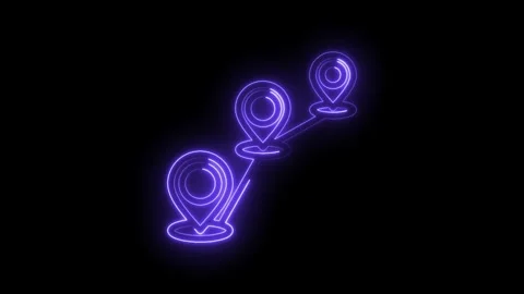 Glowing neon purple map pins connected by a dotted line on a black background Stock Footage 333961378