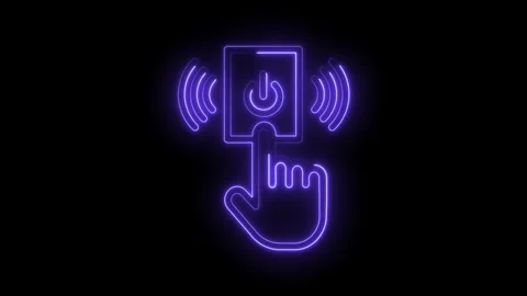 Glowing neon purple power button icon with finger pressing and radiating wa.. Stock Footage 314572860