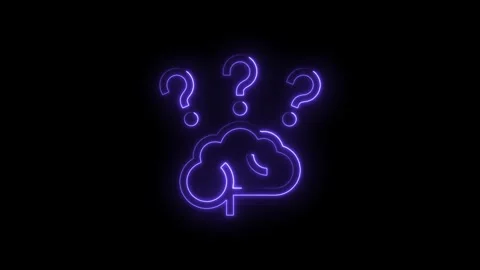 Glowing neon purple question mark icons floating above a stylized brain out.. Stock Footage 314551152