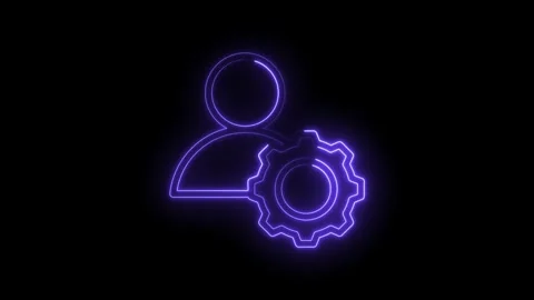 Glowing neon purple user icon with gear symbol on black background representing Stock-Footage 333970182