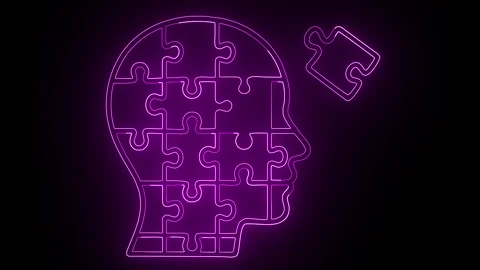 Glowing neon puzzle head with missing piece Stock Footage 308938862