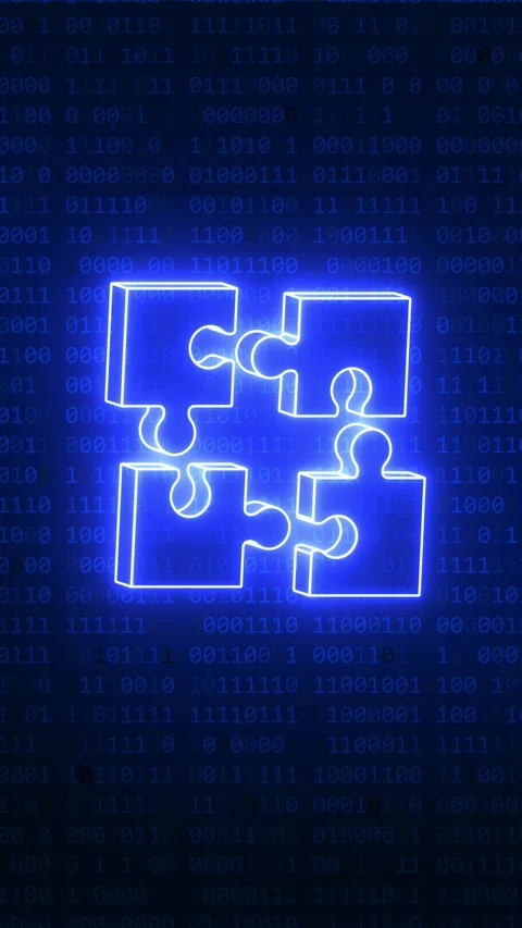 Glowing neon puzzle pieces assembling over binary code background Stock Footage 324702150