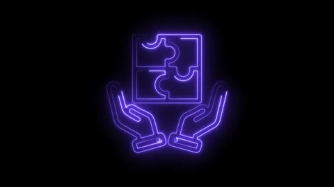 Glowing neon puzzle pieces held by cupped hands symbolizing teamwork Stock Footage 333967700