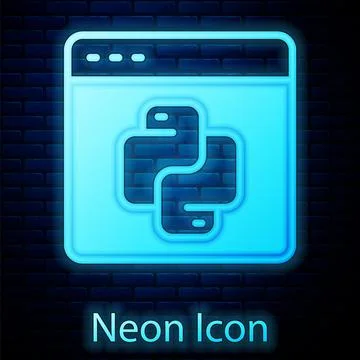 Glowing neon Python programming language icon isolated on brick wall background Stock Illustration