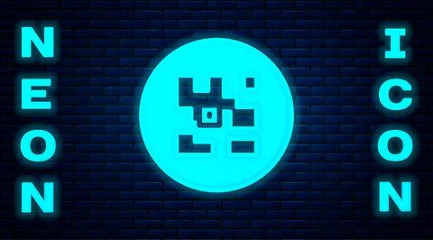 Glowing neon QR code sample for smartphone scanning icon isolated on brick wall Stock Illustration