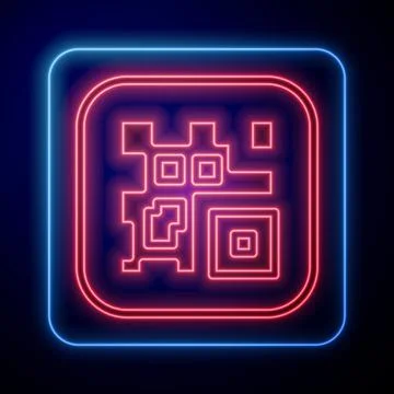 Glowing neon QR code sample for smartphone scanning icon isolated on black Stock Illustration