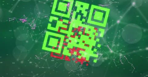 Glowing neon QR code tilting diagonally in virtual network, showing red 스톡 사진
