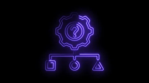 Glowing neon question mark in gear with flowchart on black background animati Stock Footage 346001452