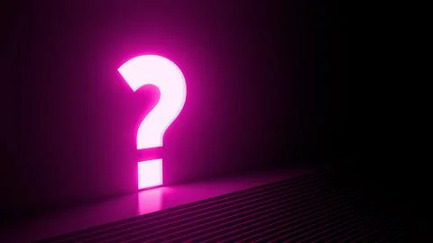 Glowing neon question mark illuminating dark room with stairs Stock Illustration