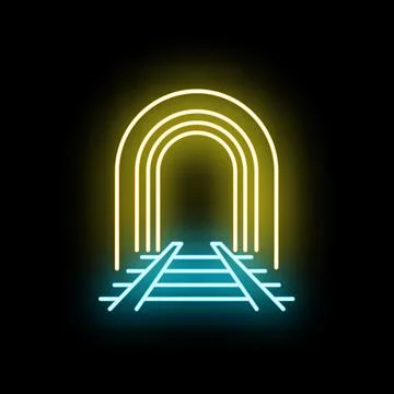 Glowing neon railway tracks exiting abstract tunnel Stock Illustration