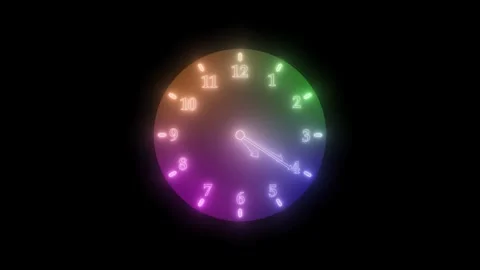 Glowing Neon Rainbow Clock Animation, A glowing neon clock isolated with ra.. Stock Footage 304281471