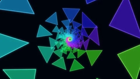 Glowing neon rainbow triangle spiral tunnel on black background Stock Footage 336353291