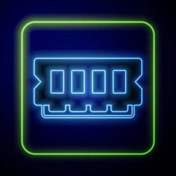Glowing neon RAM, random access memory icon isolated on blue background. Vector Illustrazione stock