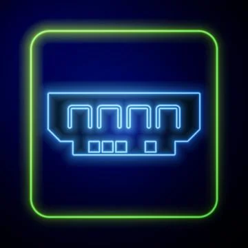 Glowing neon RAM, random access memory icon isolated on blue background. Vector Illustrazione stock