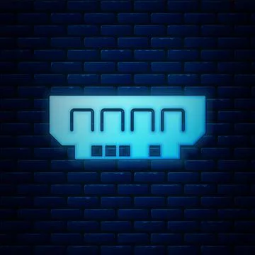 Glowing neon RAM, random access memory icon isolated on brick wall background Illustrazione stock
