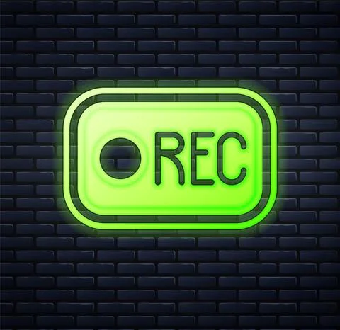 Glowing neon Record button icon isolated on brick wall background. Rec button Stock Illustration