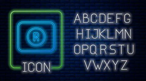 Glowing neon Record button icon isolated on brick wall background. Rec butt.. Stock Illustration