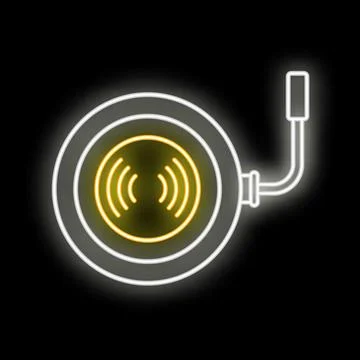 Glowing neon record player projecting sound waves Stock Illustration