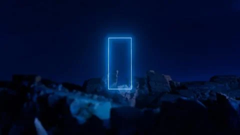 Glowing neon rectangle floating above rocks in a surreal landscape at night Ilustração Stock