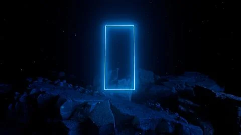 Glowing neon rectangle floating above rocks in a dark space Stock Illustration