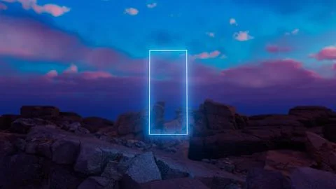 Glowing neon rectangle floating above rocky landscape at sunset Illustrazione stock