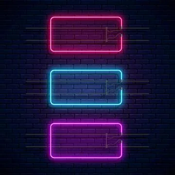 Glowing neon rectangle frames on dark brick wall background. Neon light banne Stock Illustration