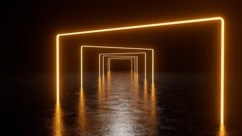 Glowing neon rectangle gates creating a tunnel effect reflecting on wet floor Stock Photos