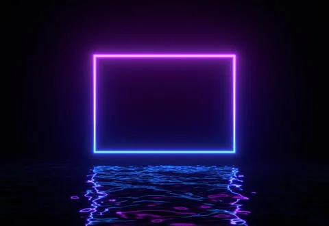 Glowing neon rectangle with reflections in water surface. Abstract background Stock Illustration