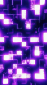 Glowing neon rectangles and squares arranged in a digital purple grid with .. Foto stock