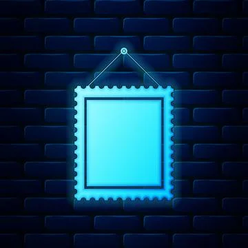 Glowing neon Rectangular picture frame hanging on the wall icon isolated on Stock Illustration