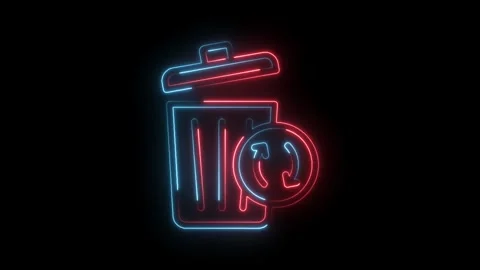 Glowing neon recycle bin icon animation on black background data recovery Stock Footage 322989136