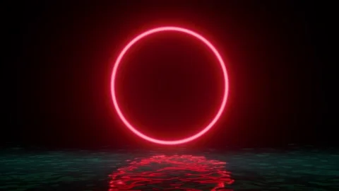 Glowing neon red circle ring line with reflections on water, lights, waves Stock Footage 224250162