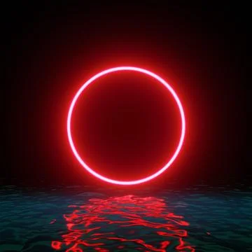 Glowing neon red circle ring line with reflections on water, lights Illustrazione stock