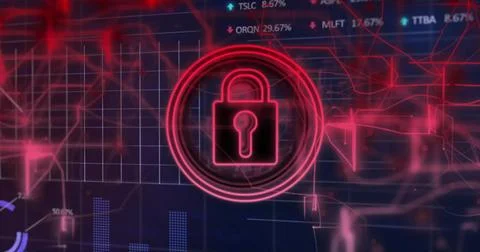 Glowing neon red padlock icon hovering at dashboard, showing network nodes, bar Stock Photos