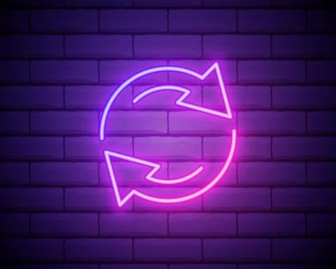 Glowing neon Refresh icon isolated on brick wall background. Reload symbol. R Stock Illustration