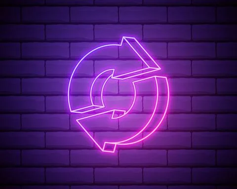 Glowing neon Refresh icon isolated on brick wall background. Reload symbol. R Stock Illustration