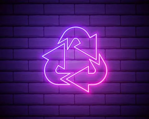 Glowing neon Refresh icon isolated on brick wall background. Reload symbol. R Stock Illustration