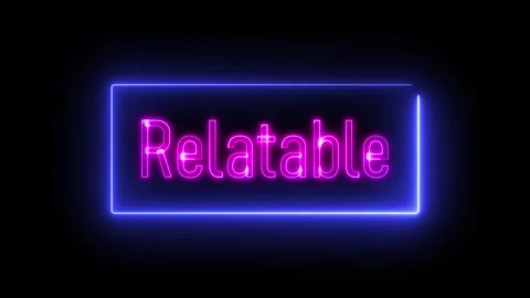 Glowing neon 'relatable' sign with subtle reflection on dark backdrop, idea.. Stock Footage 309015324