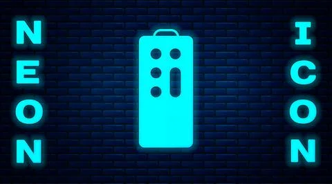 Glowing neon Remote control icon isolated on brick wall background. Vector Illustrazione stock