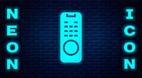Glowing neon Remote control icon isolated on brick wall background. Vector Illustrazione stock