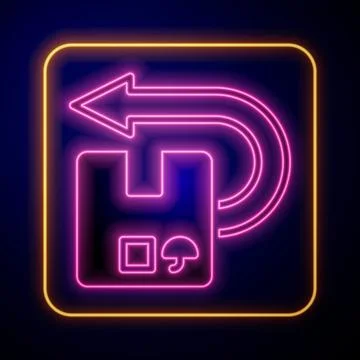 Glowing neon Return cardboard box icon isolated on black background. Box イラスト素材